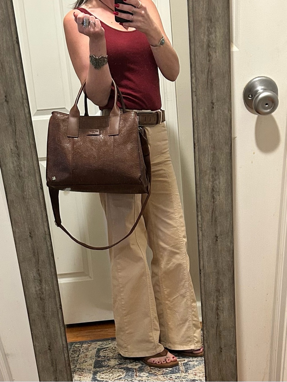 🍀EUC Lucky Brand Brown Floral Embossed Tote Carryall Shoulder Crossbody Bag - Picture 5 of 16